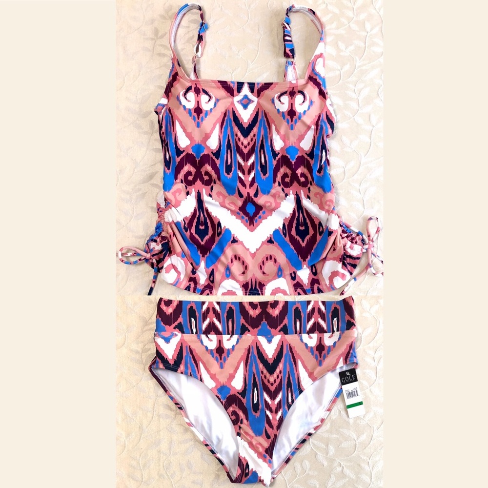 🆕 Cole Of California Womens Swimsuit Large Pink Bohemian 2 Piece Tankini NWT